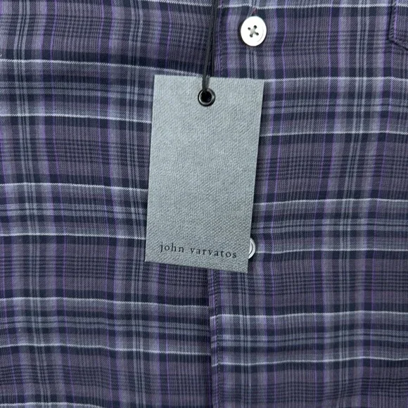 John Varvatos NWT Mens Button Down Shirt XXL Iron Grey Purple Plaid Cotton
